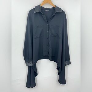 Ruti XL High-Low faux leather Button Up 0990 Top Blouse Black sheer lagenlook